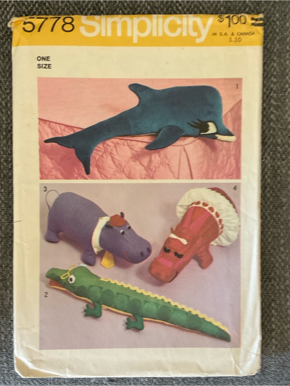 Vtg Simplicity 5778 Dolphin Hippos & Alligator Craft Plush FF Uncut 1973
